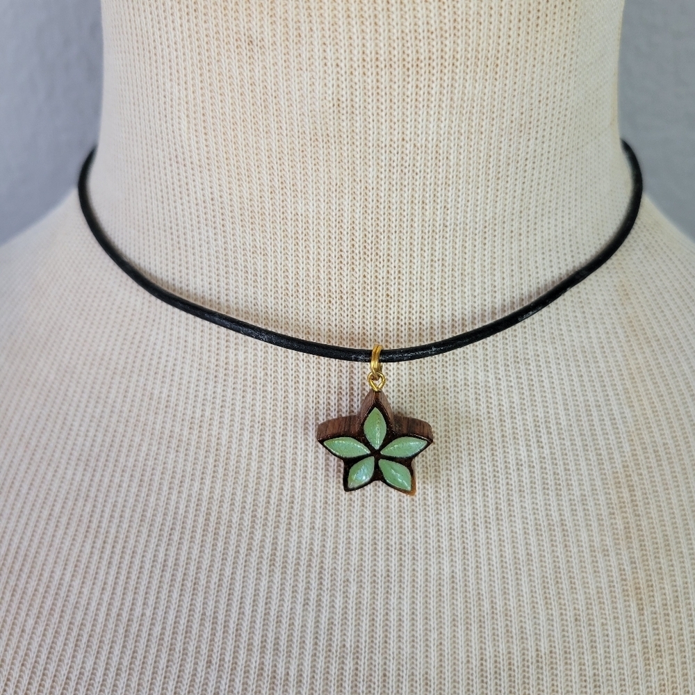 BOUTIQUE // leather strand necklace with genuine painted koa wood flower pendant